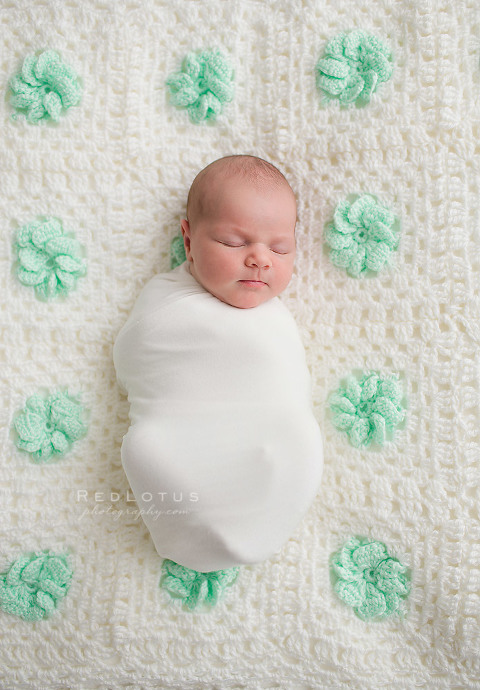 newborn baby sleeping on a crocheted blanket with flowers in a photography studio in Pittsburgh