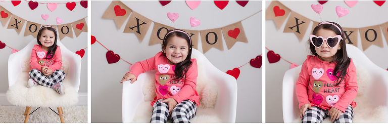 Valentine mini photo session girl wearing heart sunglasses