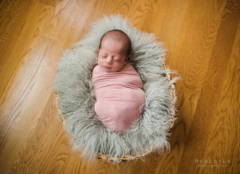 newborn photographer baby in basket pink wrap grey fur hardwood floor