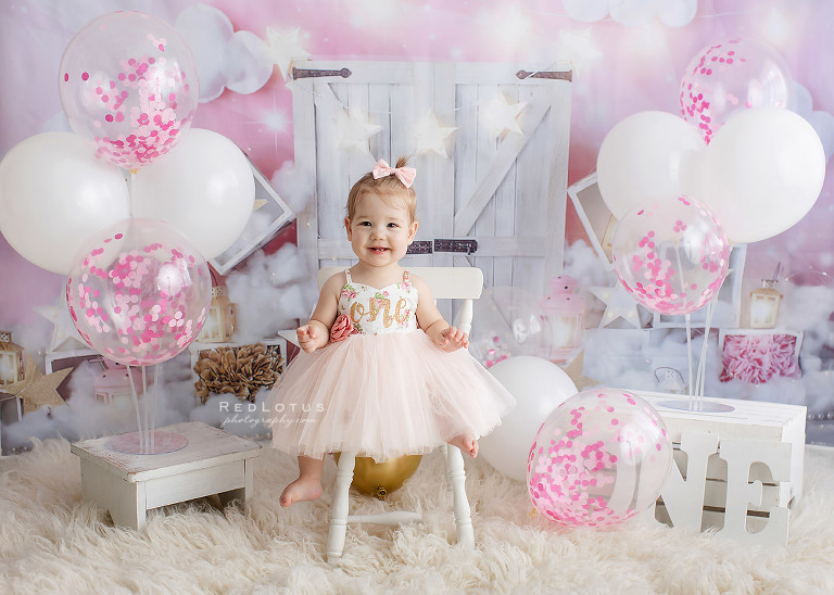 cake smash photos girl pink white gold theme