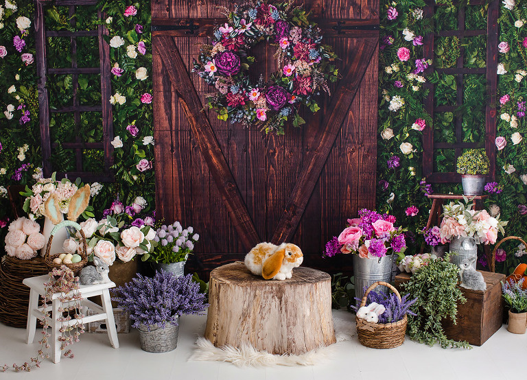 spring Easter photo session backdrop flowers pink purple