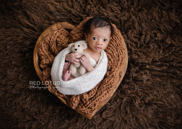 newborn photography awake baby eyes open laying in heart shaped wood bowl