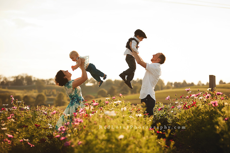 photo session on a flower farm at sunset
