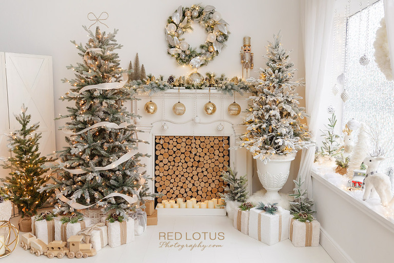 Christmas photo backdrop holiday pictures white neutral theme with fireplace mantel gold and silver accents