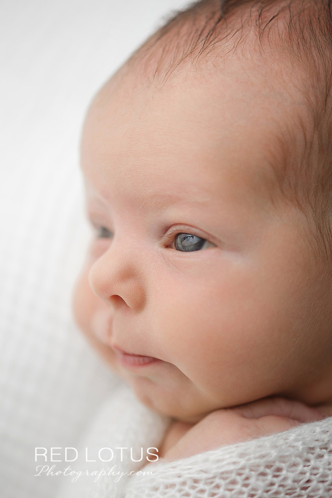 newborn baby eyes open close up of face in profile