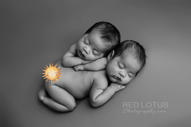 newborn baby fraternal twin girls posed together on a simple backdrop in black and white photography