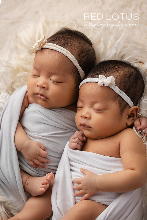newborn baby fraternal twin girls cuddled together