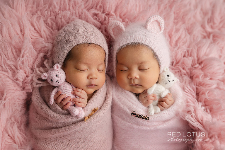fraternal twin newborn baby girls wrapped in pink swaddles and pink bonnets holding teddy bears